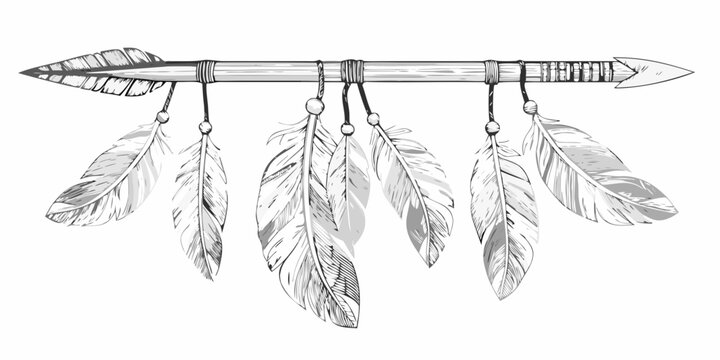 Arrow with feathers tribal style sketch illustration on white background