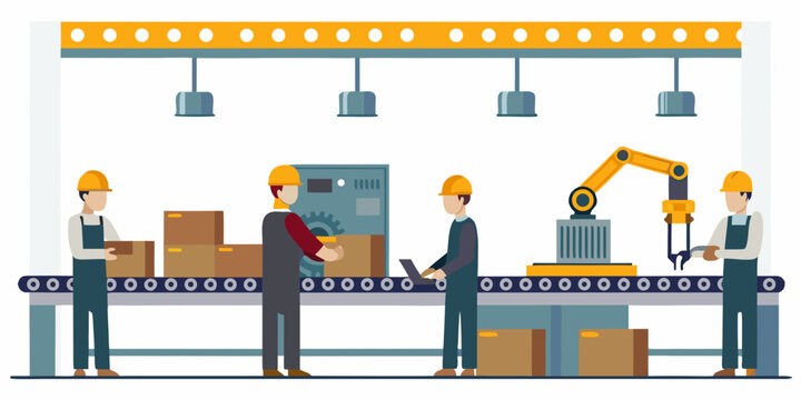 Factory workers on assembly line flat vector illustration