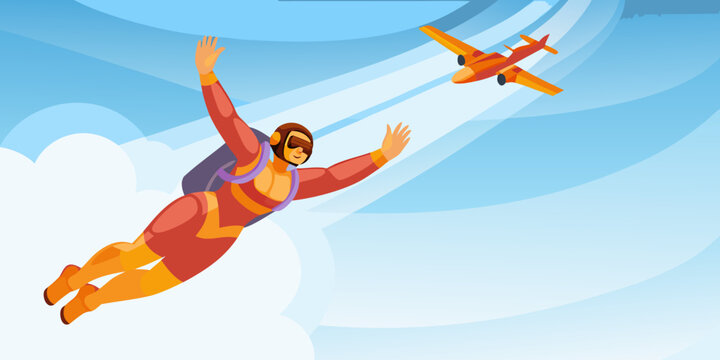 Skydiver in free fall with airplane vector illustration