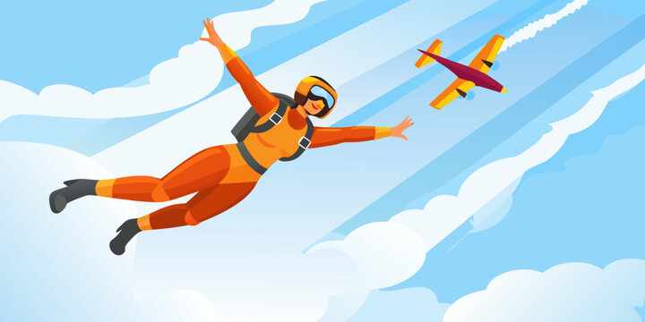 Skydiver in free fall with airplane vector illustration