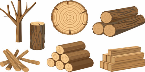Various forms of wood including logs branches and lumber illustration © Nripen