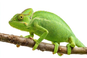 Obraz premium Vibrant green chameleon perched on a textured branch against a white backdrop