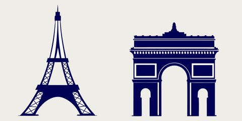 Blue silhouettes of the eiffel tower and arc de triomphe