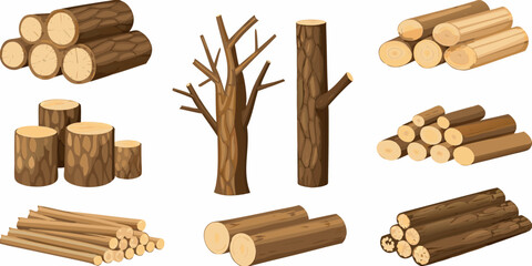 Various wood logs and tree illustration on a white background © Nripen