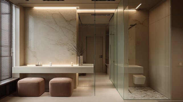 Contemporary luxurious bathroom vanity area features soft seating and illuminated marble wall