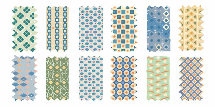 assorted patterned tape strips on white background