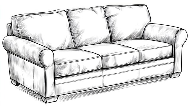 Detailed black and white drawing illustrates a comfortable, traditional style three-seater sofa design