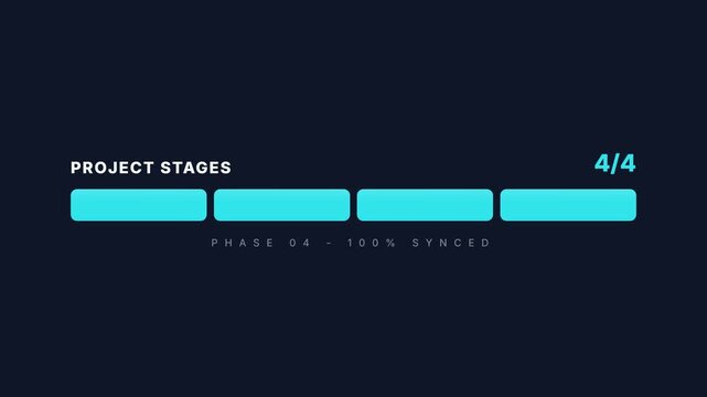 Project Stages Progress Bar Animation on Dark Background with Text.