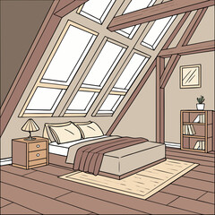 Cozy attic bedroom with sloped ceiling and skylight interior nightstand bookshelf architecture residence apartment domestic furniture lighting natural light tranquil peaceful © Mon