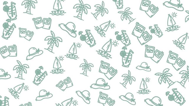 Light blue doodles dot a clean white background. Sailboats, hats, and palm trees float whimsically. Sunshine and smiles hint at a carefree escape. Perfect for vacation-themed designs or summer motifs