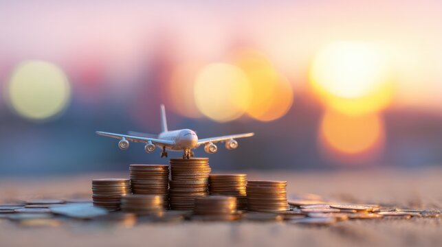 Model airplane on a stack of coins at sunset creating a travel concept