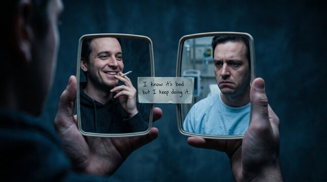 Cognitive Dissonance Dual Mirror Reflection Psychology Concept &mdash; Health Behavior Illustration