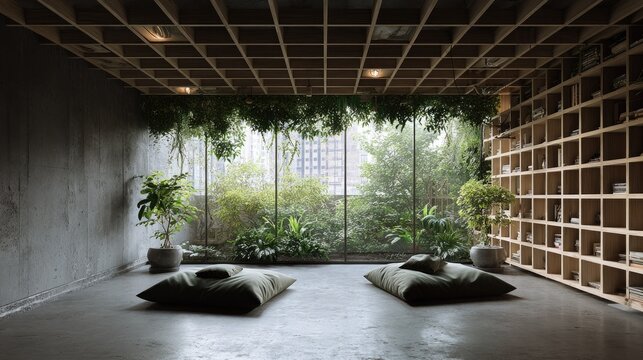 Interior space features concrete walls wooden ceiling grid and expansive windows overlooking dense greenery