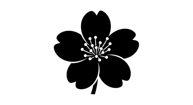Black cherry blossom flower icon, minimalist floral symbol, simple botanic illustration, decorative plant silhouette