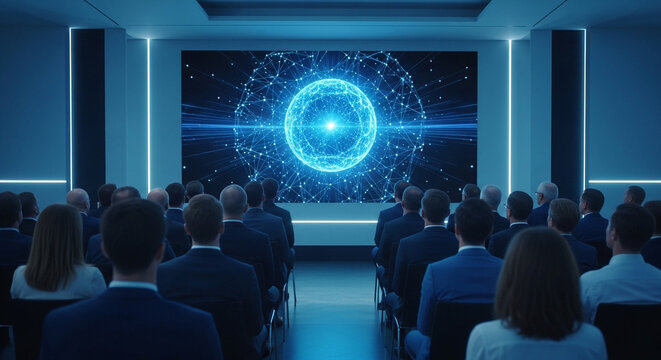 Business audience watching futuristic presentation with glowing blue orb on screen in modern conference room
