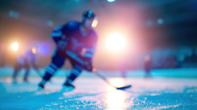 Hockey player skates on ice during match in bright arena lights