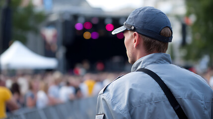Obraz premium Rear view of security personnel monitoring a live outdoor concert or festival crowd, ensuring safety and order at a vibrant public event
