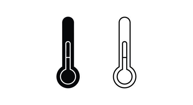 Two thermometer icons black filled and white outline designs for temperature measurement