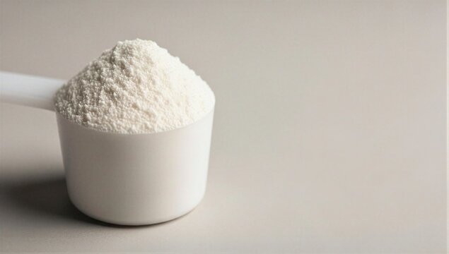 Protein powder in measuring scoop isolated on minimal neutral background clean product shot