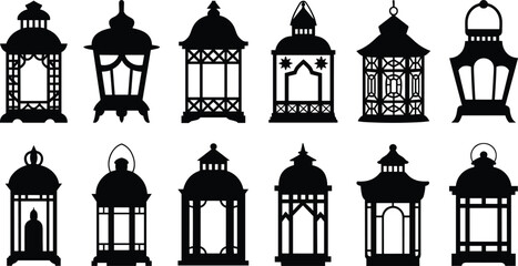 Ramadan lantern silhouettes set, Islamic decoration, Arabic lamp collection, traditional fanous design, Eid celebration, cultural ornament, black vector illustration pack © PROTAP