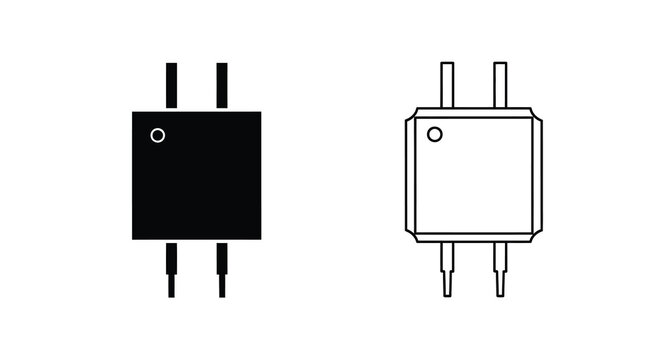 Two views of a small electronic component likely a transistor or diode in black and white