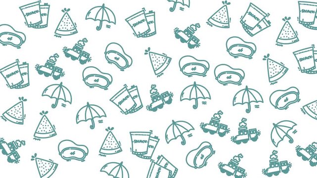 Teal icons float on clean white background. Summer fun icons repeat across the frame. Umbrellas, watermelons, boats, hats, and ice cream. Perfect for playful design or seasonal themes
