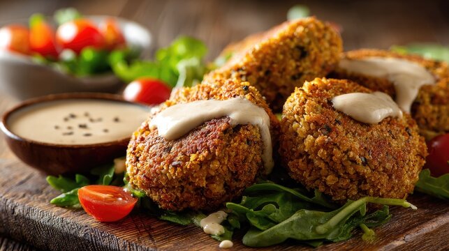 Close up of freshly prepared falafel balls with tahini sauce and tomatoes