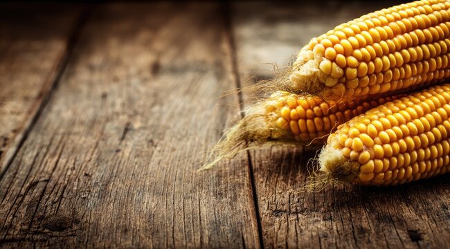 Close up of golden corn cobs on aged wooden surface for food concepts
