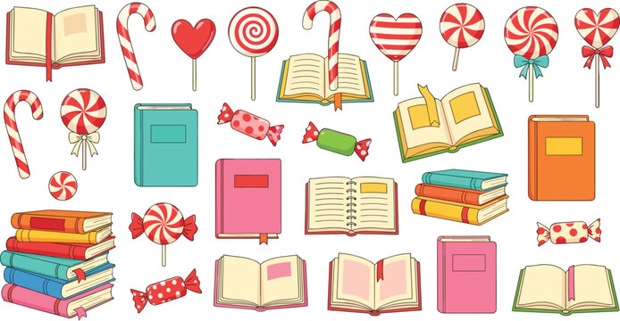 Cute Colorful Books and Candy Icon Set with Lollipops, Candy Canes, and Sweet Treats for Education, Kids, and Festive Design Projects