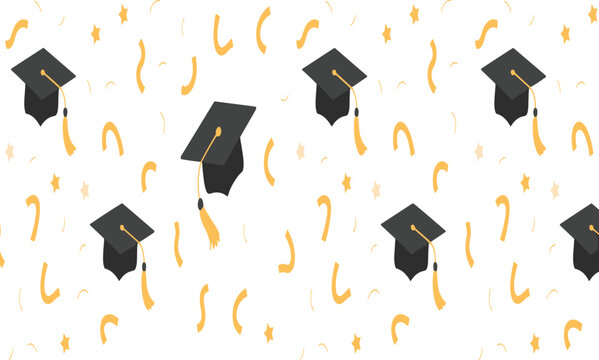 Graduation seamless pattern, academic cap background, mortarboard repeat design, celebration confetti texture, education wallpaper, university graduation concept, student success, festive vector