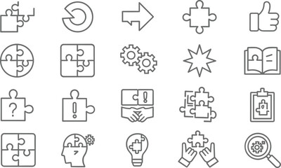 Fototapeta premium Minimal line business puzzle icons set, teamwork strategy concept, problem solving symbols, collaboration process, creative thinking, workflow, vector outline illustration