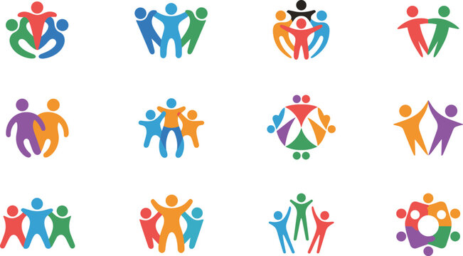 Colorful people teamwork logo set, community unity icons, diverse group symbols, collaboration partnership concept, social connection, inclusive design, vector collection