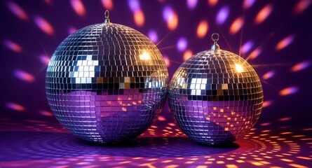 Fototapeta premium Two disco balls with colorful bokeh lights on purple party background