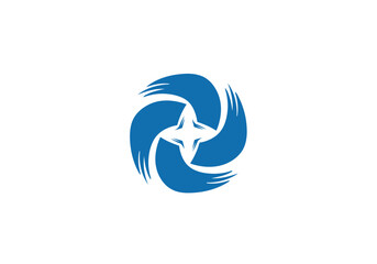 Fototapeta premium Blue abstract swirl logo with central star on white background