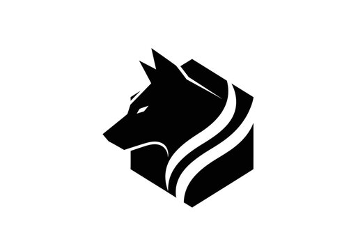 Black wolf head logo within a minimalist hexagonal shape