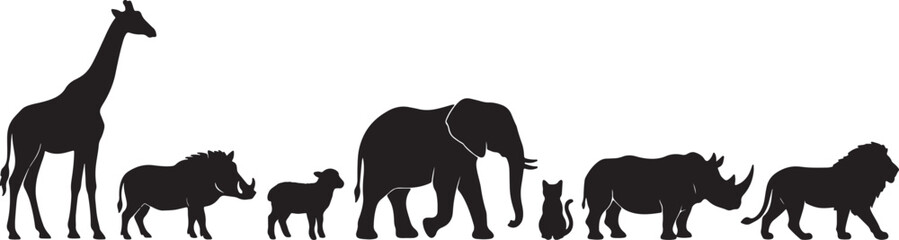 Fototapeta premium Silhouette collection of diverse african wildlife and a domestic cat in a line against a white background, also transparent background