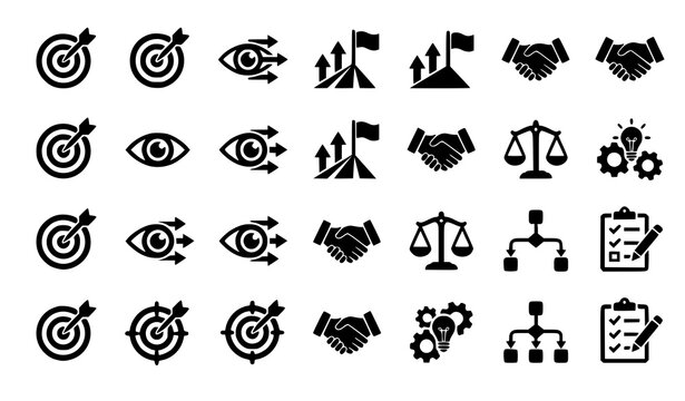 Mission vision goal values vector icon set with business strategy and target symbols