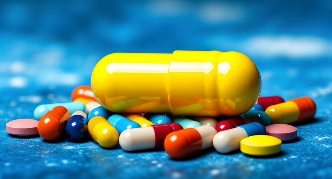 Large yellow capsule on a pile of colorful medical pills and supplements