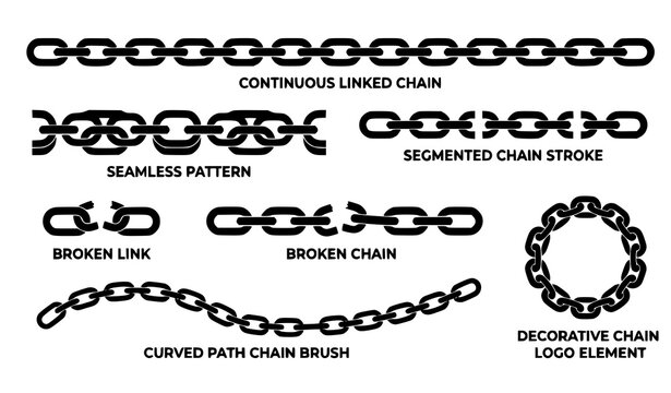 Modern chain brush vector set with metal link strokes and seamless chain pattern symbols