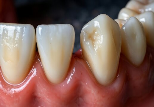 Close up macro view of dental caries and tooth decay on human teeth