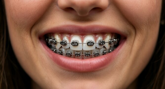 Close up of person smiling with metal orthodontic braces on teeth
