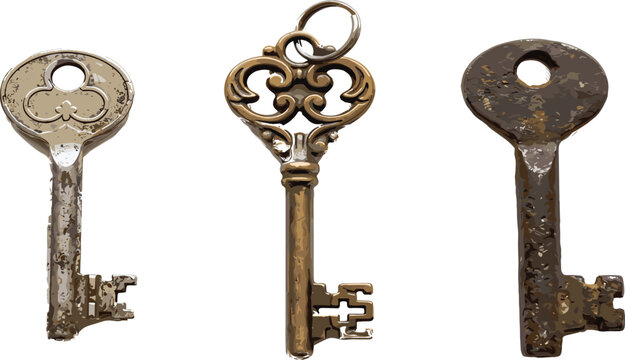 Three Rustic Antique Skeleton Keys with Aged Patina