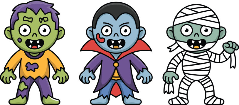 Cartoon zombie, vampire, and mummy characters for halloween