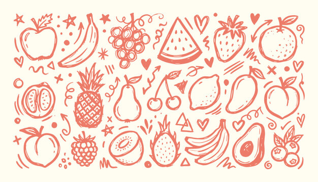 Hand drawn fresh fruit doodle set featuring apple banana strawberry and pineapple with decorative hearts and stars