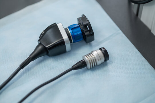 Close-up of endoscopic camera head and light cable
