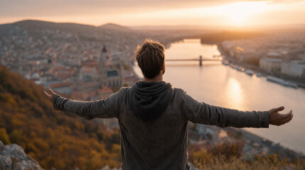 Fototapeta premium Traveler standing with arms outstretched on a hilltop enjoying the expansive vista of a city and river at golden hour, embracing freedom and success