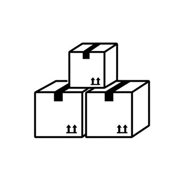 Black and white vector icon illustration of three stacked cardboard shipping boxes with "this way up" arrows and tape, representing global logistics, e-commerce delivery, freight cargo, and secure pac