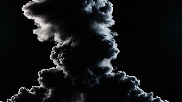 Dramatic plume of dark, swirling particulate matter ascends powerfully into a void, suggesting immense energy release and atmospheric disturbance, creating a visually striking contrast