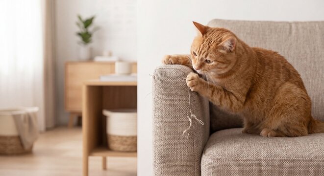 Orange tabby cat scratching and pawing at loose thread on light gray sofa in cozy living room