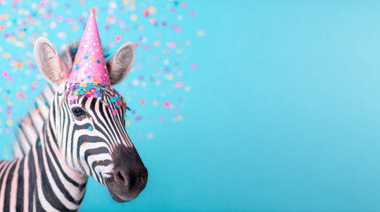 Naklejka premium Zebra wears a party hat with colorful confetti on a blue background